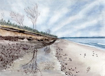 Poster DIN-A4 Aquarell Maritim Kunst Druck Kunstdruck Ostsee  Strand Meer Dünen Ostseestrand